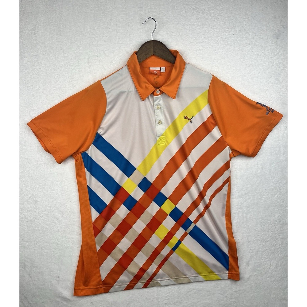 Puma Mens Golf‎ Polo Size Large Dry Cell Performance Shirt Grid Pattern Orange